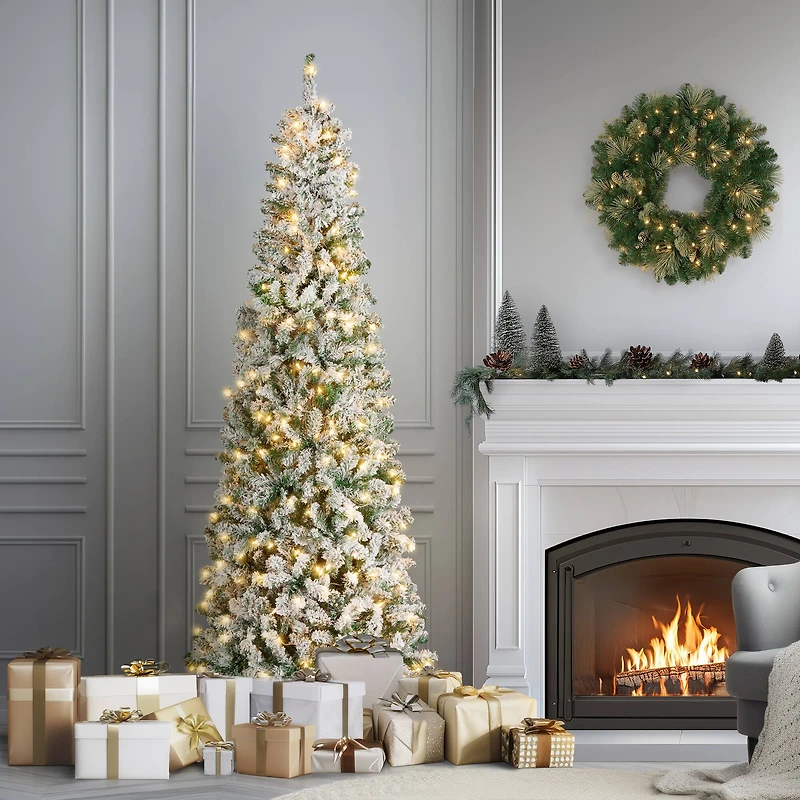 7.5ft. Pre-Lit Acacia Medium Flocked Artificial Christmas Tree, Clear Lights