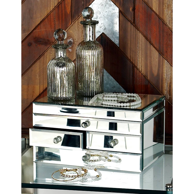 Silver Mirror and Wood Glam Jewelry Box, 6" x 11" x 9"