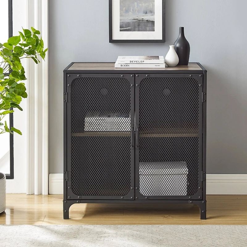 Walker Edison 30" Grey Wash Industrial Mesh Metal Door Accent Cabinet