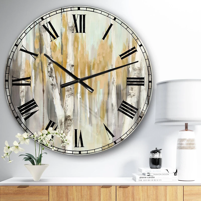 Designart 'Silver And Yellow Birch Forest Farmhouse Wall Clock