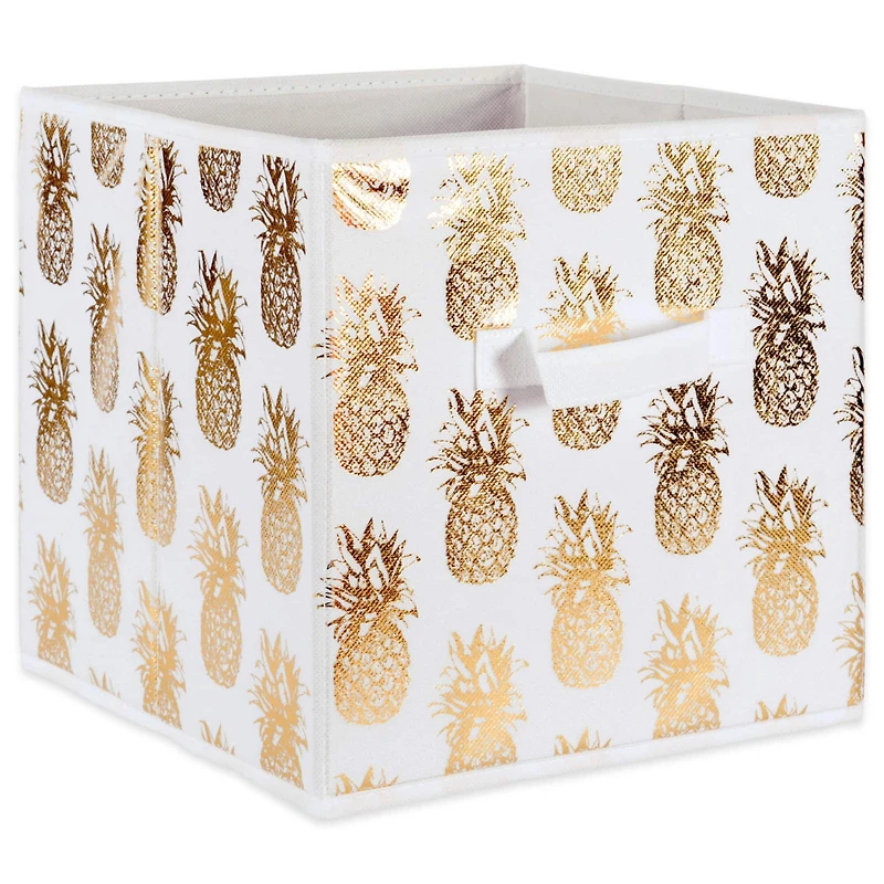 DII® 11" Nonwoven Polyester White & Gold Pineapple Storage Cube