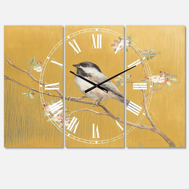 Designart 'Gold Bird On Blossoms Iv Farmhouse Multipanel Wall Clock