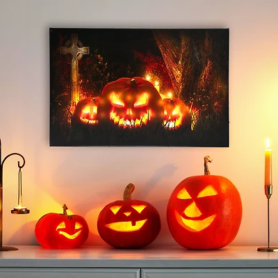 LED Lighted Jack-O-Lanterns in a Cemetery Halloween Canvas Wall Art