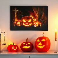 LED Lighted Jack-O-Lanterns in a Cemetery Halloween Canvas Wall Art