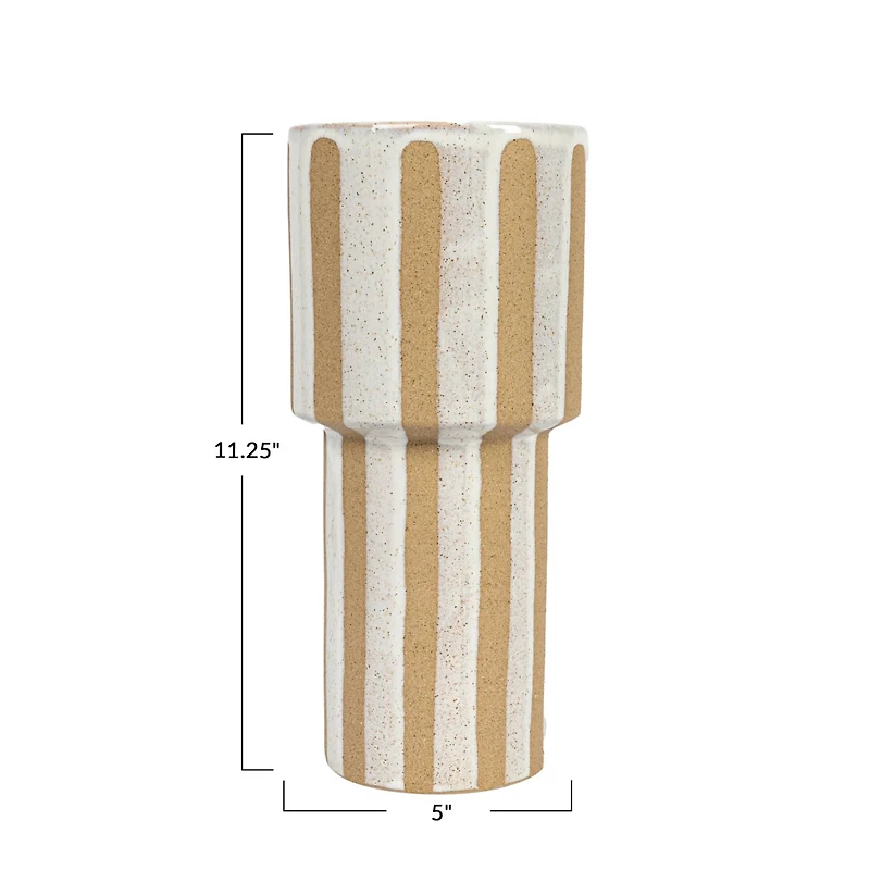 Hello Honey® 11" Cream & Brown Wax Relief Striped Round Stoneware Vase