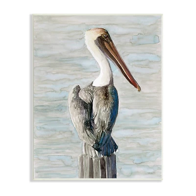 Stupell Industries Long Beak Pelican Watercolor Painting Coastal Waterfowl Bird Wood Wall Plaque