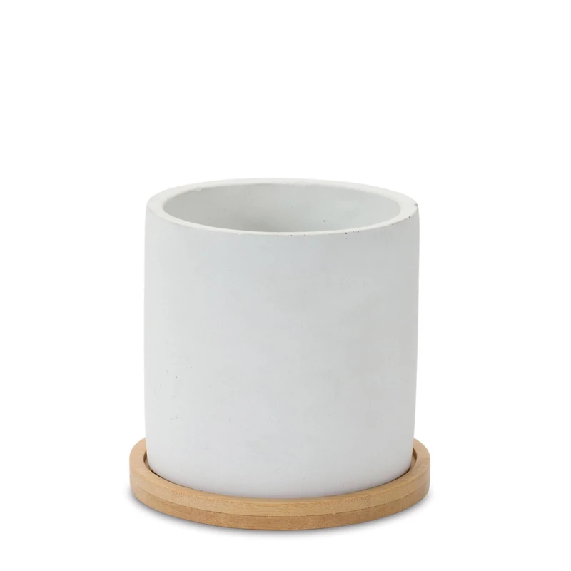 White Stone Planters with Wood Plates Set