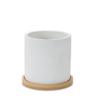 White Stone Planters with Wood Plates Set