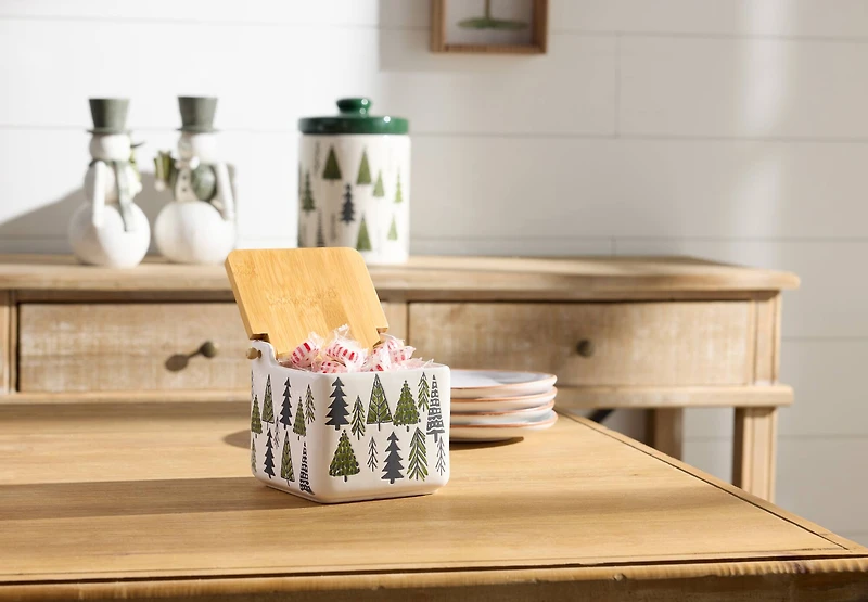5.25" Ceramic Pine Tree Canister with Wood Lid 