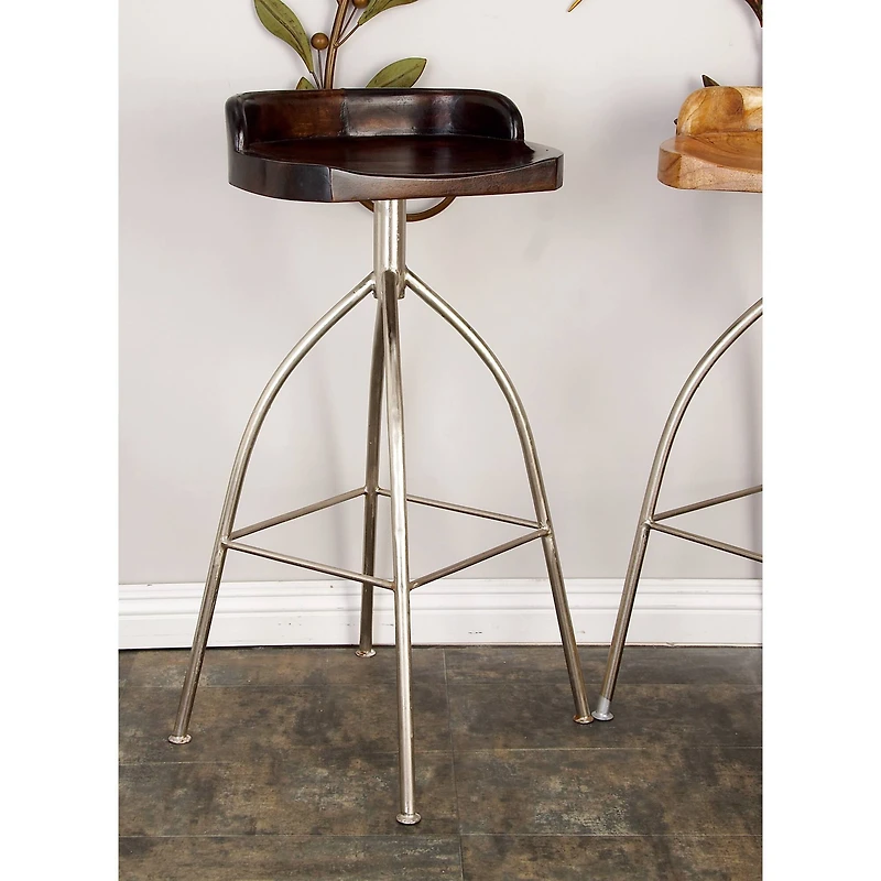 Brown Iron and Wood Contemporary Bar Stool, 33" x 16" x 12"