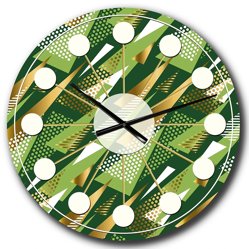 Designart 'Triangular Gold And Green Design I Mid-Century Modern Wall Clock