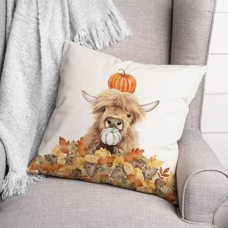 Autumn Cow Leaf Pile 18" x 18" Indoor / Outdoor Pillow