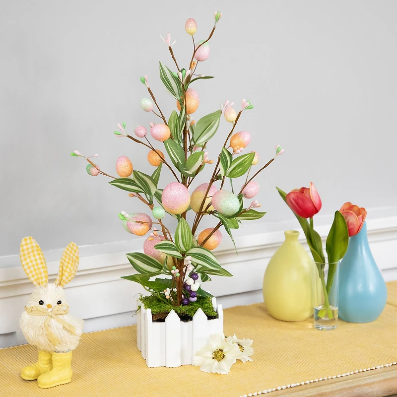 18" Pink Artificial Potted Twig Tree with Easter Eggs
