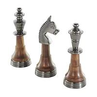 7" Silver Aluminum Metal Chess King, Queen, & Knight Sculpture with Mango Wood Center, 3ct.