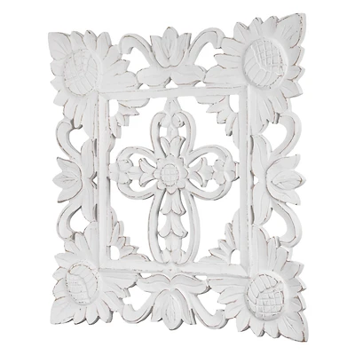 American Art Décor™ 24" White Hand-Carved Square Floral Cross Wall Medallion