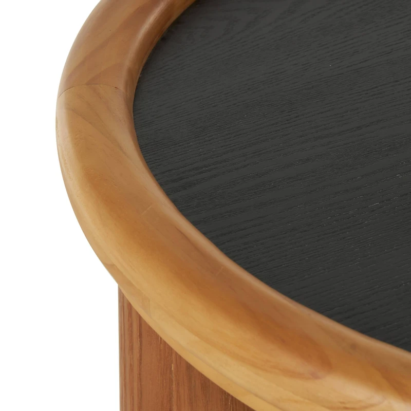 23.5" Brown Wood Handmade Round Living Room Coffee Table with Black Tabletop