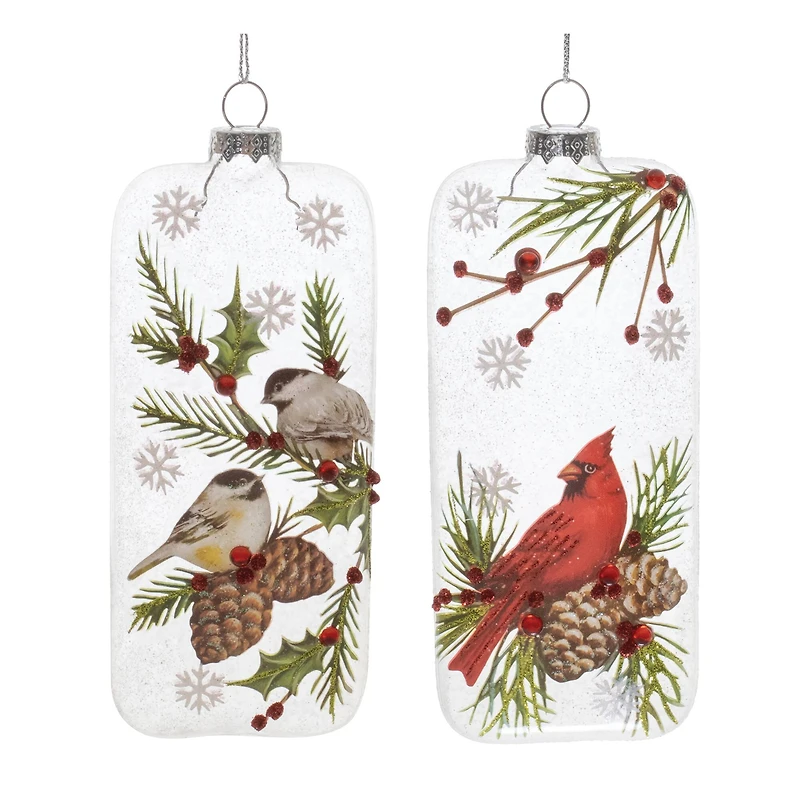 6" Glittered Glass Cardinal & Chickadee Ornaments Set