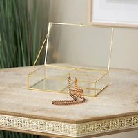 10" x 7" x 2" Clear & Gold 3-Slot Glass & Metal Jewelry Box with Chain Accent