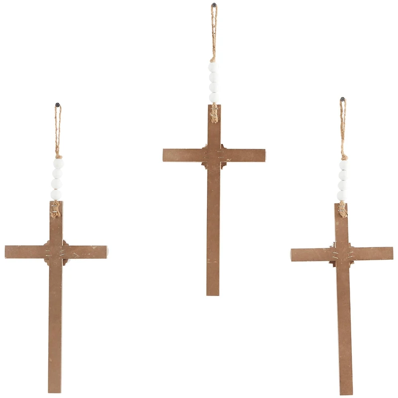 Light Brown Wood Carved Beaded Crosses Biblical Wall Decor with Rope Hanger Set of 3 7", 19"