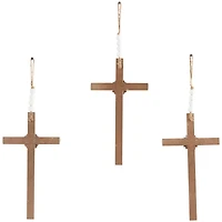 Light Brown Wood Carved Beaded Crosses Biblical Wall Decor with Rope Hanger Set of 3 7", 19"
