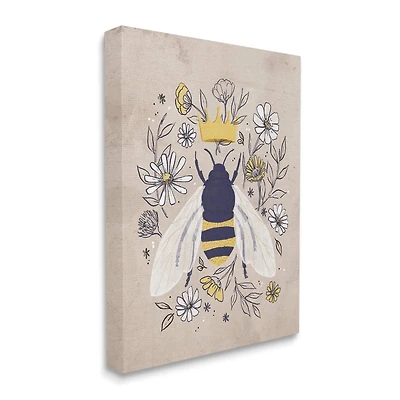 Stupell Industries Queen Bee with Crown Yellow White Daisy Florals Canvas Wall Art