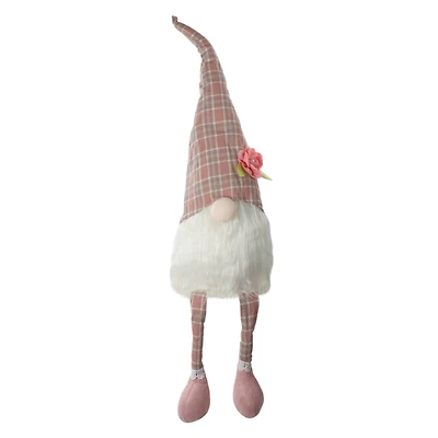 29" Pink & White Plaid Spring Gnome with Dangling Legs Figure