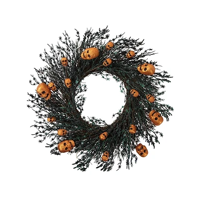22" Black & Orange Skulls and Spiders Halloween Twig Wreath