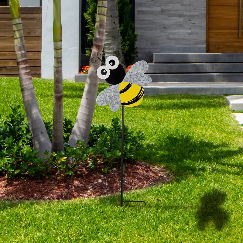 23" Black & Yellow Bee Metal Garden Stake 