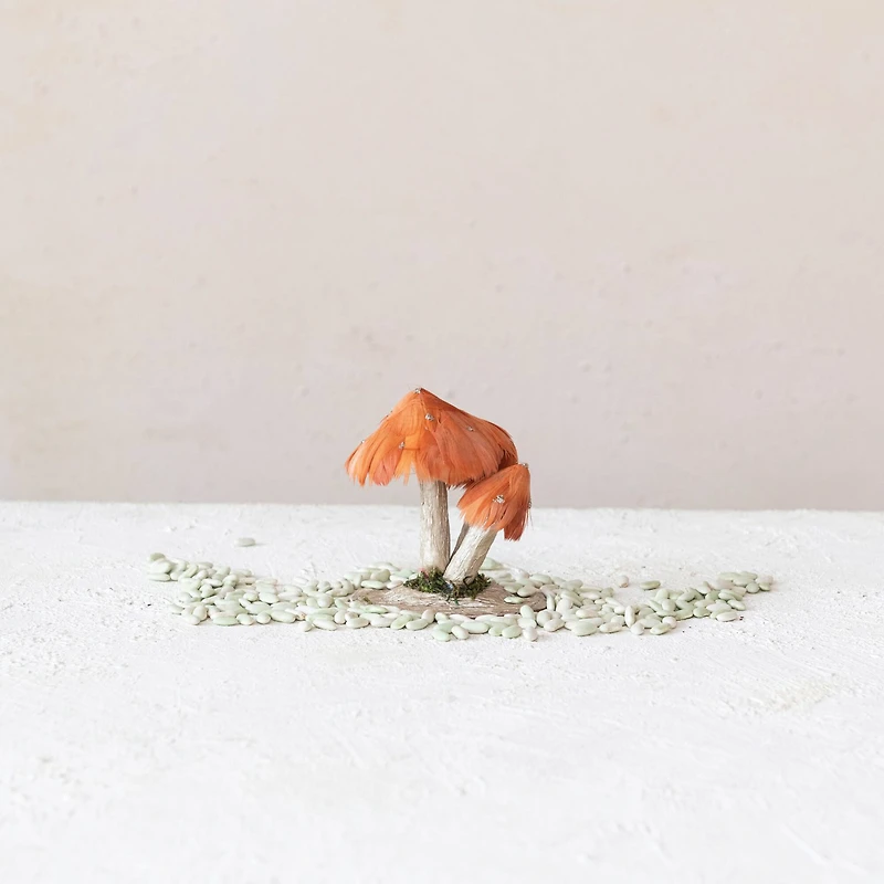 Hello Honey® 4.25" Rust Foam & Feather Mushroom with Gold Glitter & Faux Moss
