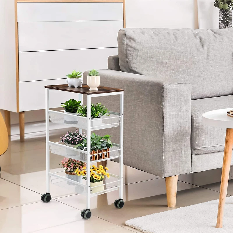 White 3-Tier Kitchen Storage Rack Cart with Lockable Wheels & Wood Top