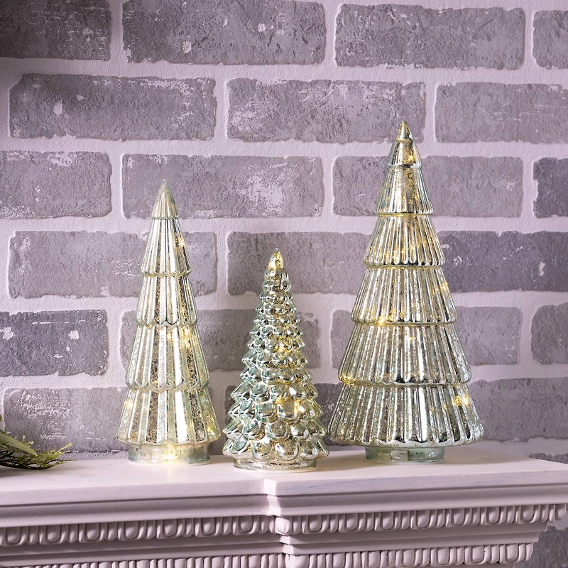 Green Mercury Glass LED Tree Set