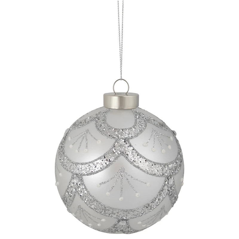 4" Glittered Silver Glass Ball Ornament