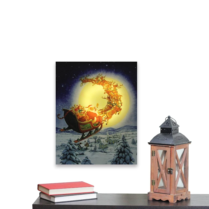 LED Back Lit Flying Santa Claus & Sleigh Christmas Wall Art