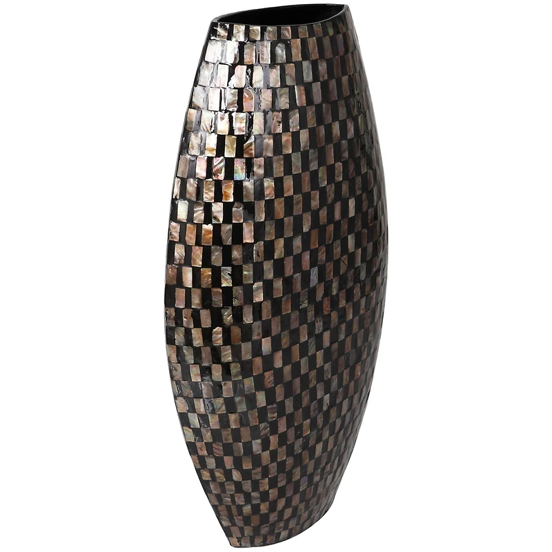 24" Black Mother of Pearl Handmade Geometric Mosaic Inspired Thin Vase