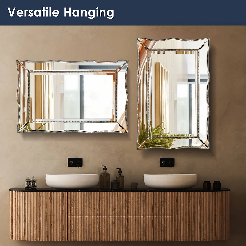 Head West Champagne Silver 24" x 36" Beaded Glass Scalloped Beveled Accent Vanity Mirror