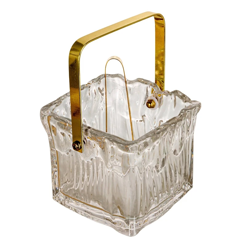 Hello Honey 24-Ounce Textured Glass Ice Bucket with Gold Finish Handle and Tongs, Clear/Gold