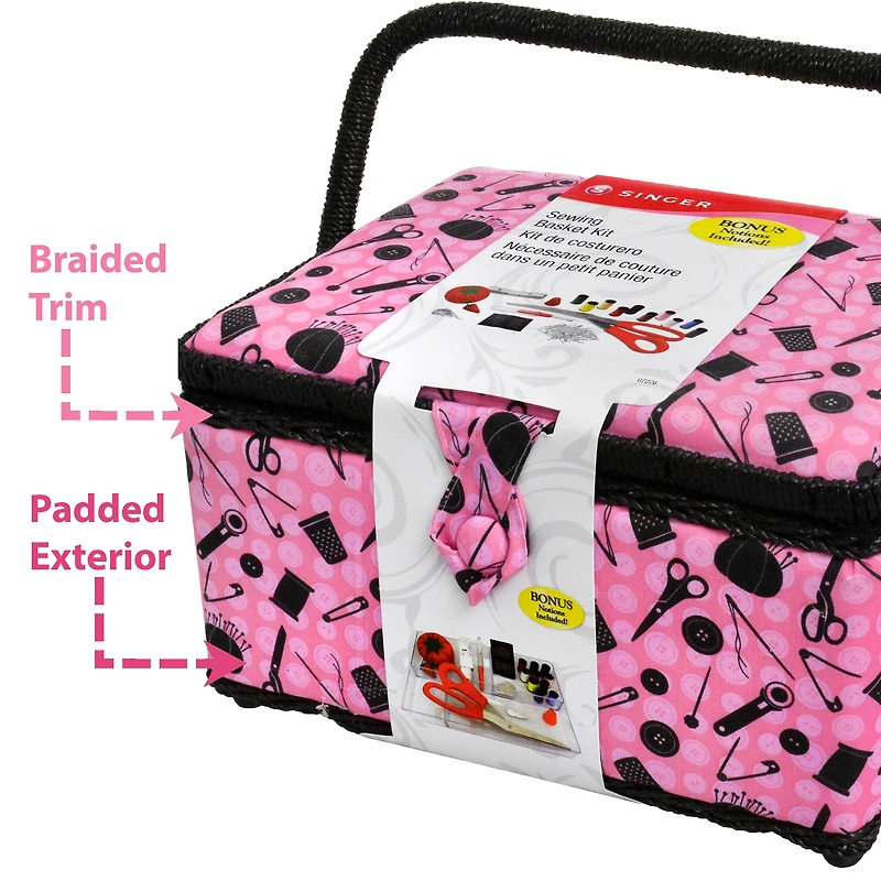 SINGER® Pink & Black Notions Pattern Sewing Basket Kit