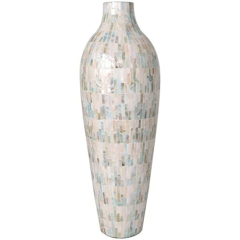 28" White Mother of Pearl Handmade Mosaic Inspired Vase with Pastel Blue & Pink Accents