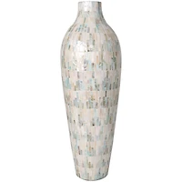 28" White Mother of Pearl Handmade Mosaic Inspired Vase with Pastel Blue & Pink Accents