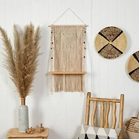 2.5ft. x 1.5ft. Bohemian Macrame Wall Hanging with Wooden Shelf