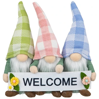 7" Pastel Pink & Green Gnome Trio with Welcome Banner Spring Table Décor