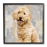 Stupell Industries Smiling Labradoodle Dog Patchwork Grey Beige Pattern Framed Wall Art
