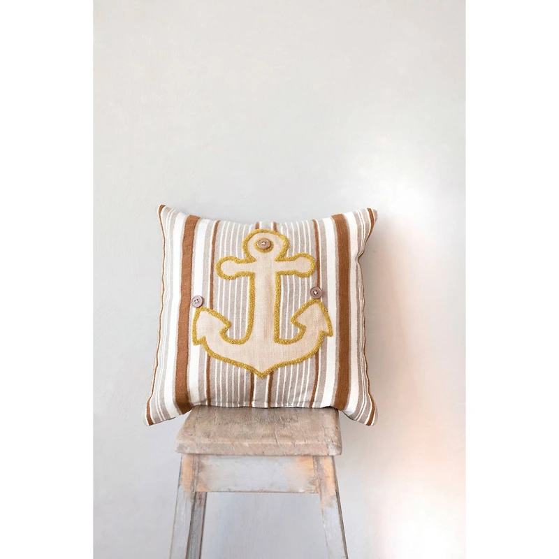 Hello Honey® Woven Cotton Blend Appliqued Anchor Pillow With Stripes & Wood Buttons