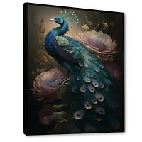 Designart 'Peacock With Flowers' Animals Framed Canvas Wall Art