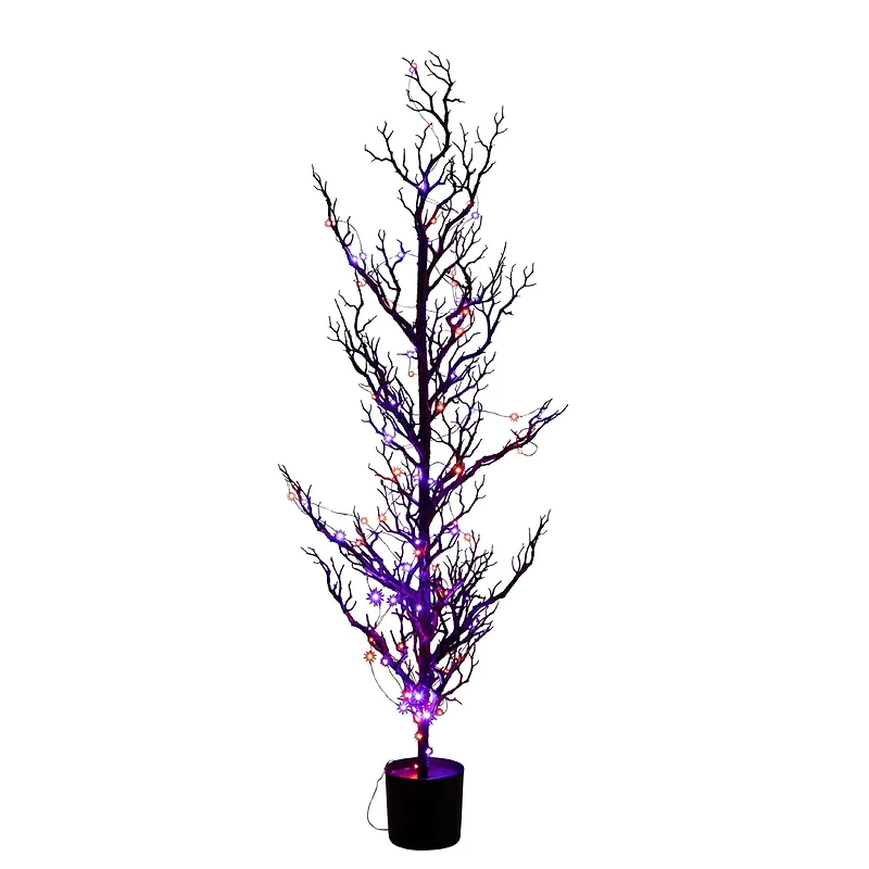 4ft. Pre-Lit Artificial Halloween Black Spooky Twig Tree with 160 Orange & Purple Copper Wire String LED Lights