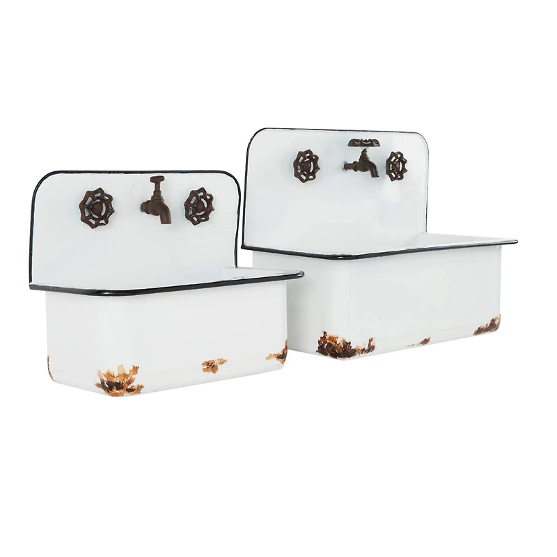 White Metal Wash Basin Planter Set