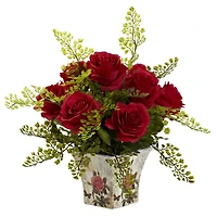 13" Red Rose & Maiden Hair Arrangement in Floral Planter