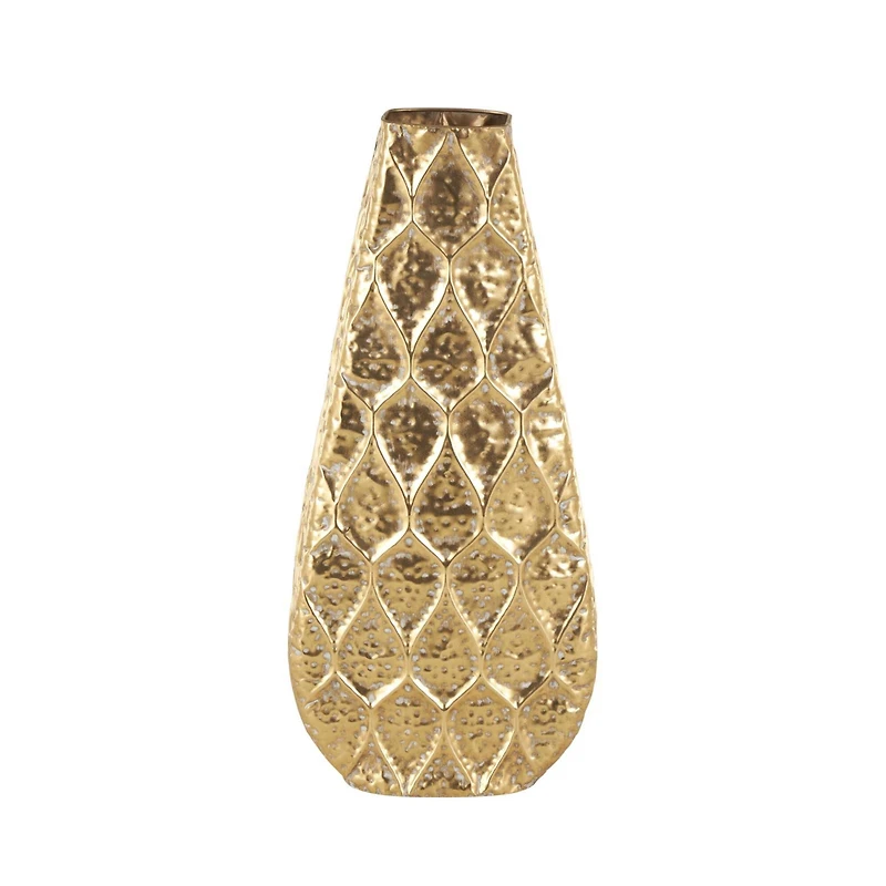 28" Gold Metal Vase with Peacock Inspired Design