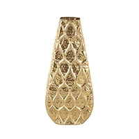 28" Gold Metal Vase with Peacock Inspired Design