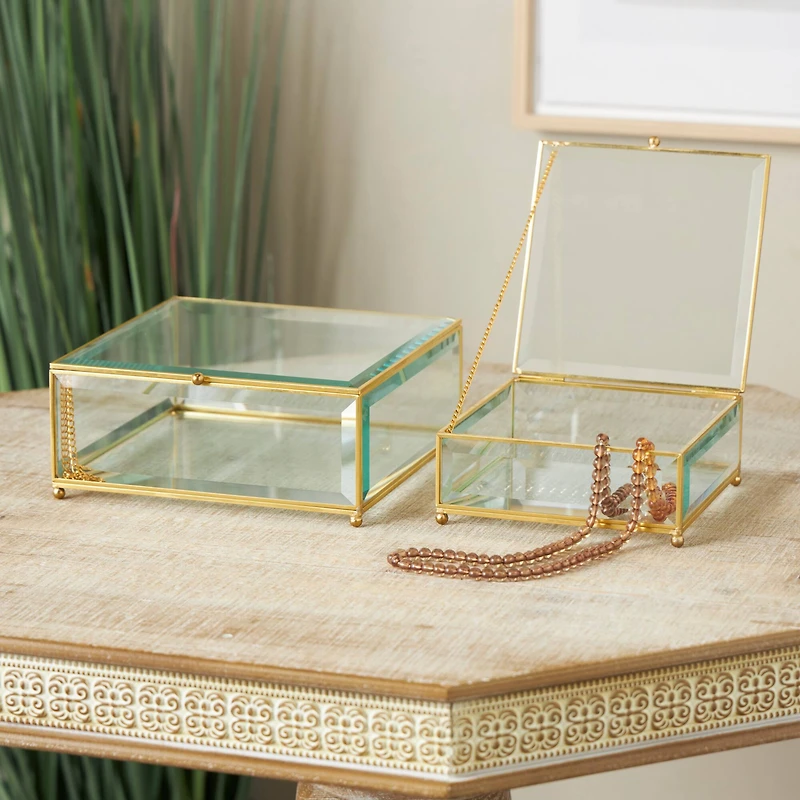 Clear & Gold Beveled Glass & Metal Square Footed Jewelry Box with Chain Accent Set